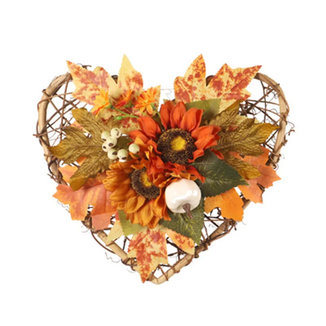 

1pc Autumn Maple Leaf Artificial Halloween Door Decor Garland Wreath Heart Shape Pumpkin Sunflower Wall Hanging for Thanksgiving
