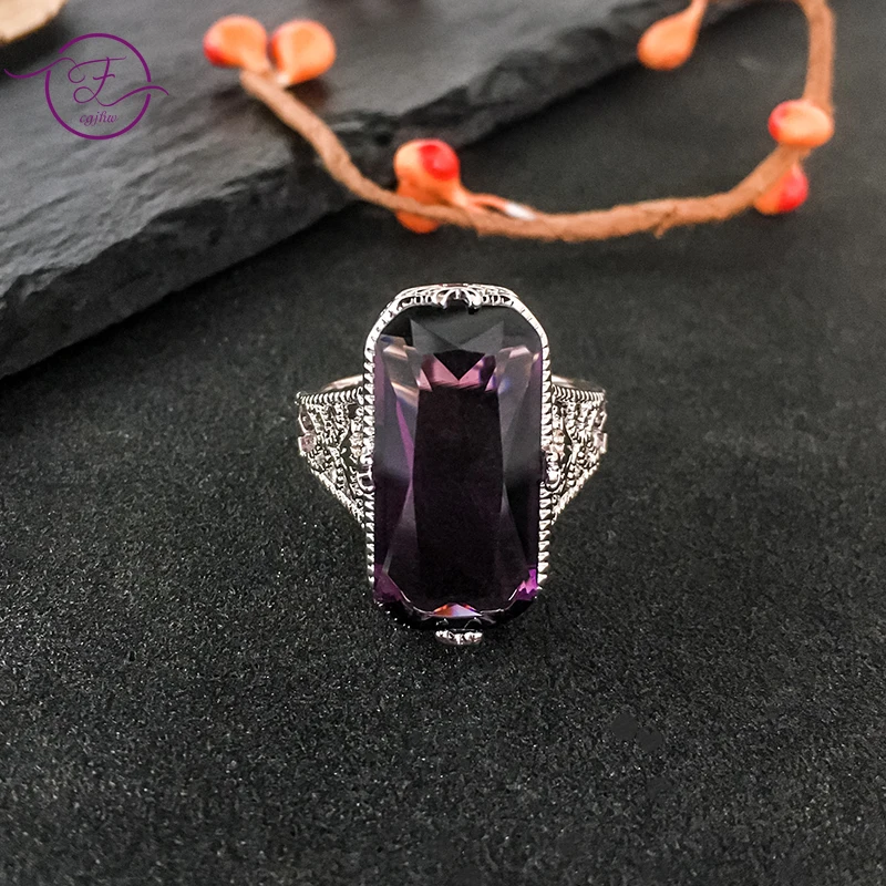 

10*20mm Natural Amethyst Gemstone Ring S925 Sterling Silver Rings Exaggerated Silver Jewelry for Women Engagement Ring