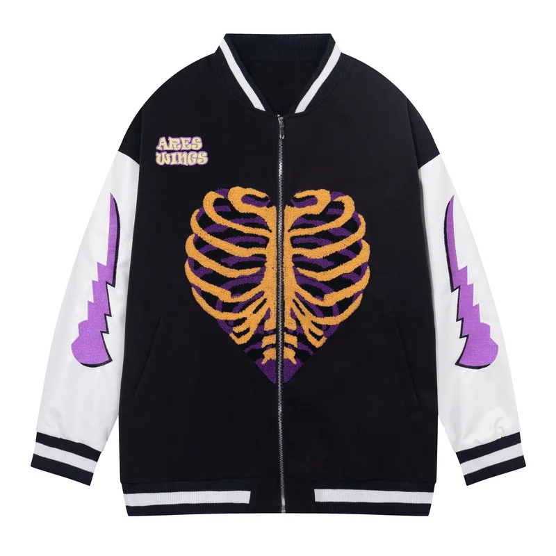 

High Street Vintage Varsity Baseball Jacket Towel Embroidery Skeleton Jackets Casual Oversized Coat Unisex Streetwear Autumn New