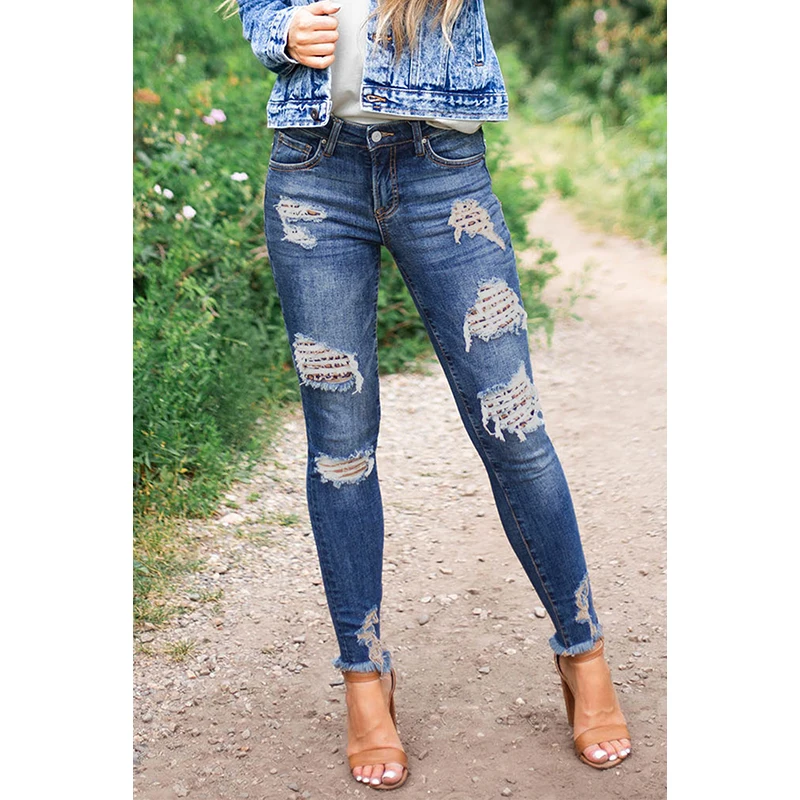 

2020 Plus Size Dark Blue Washed Skinny Jeans with Distressed Leopard Print Kobieta Spodnie Pantalones De Mujer Woman Pants 2XL