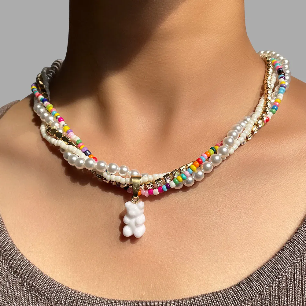 

4 Pcs/set Korean Gummy Bear Beaded Crystal Pearl Choker Necklace For Women Rainbow Color Rice Bead Necklaces Boho Beach Jewelry