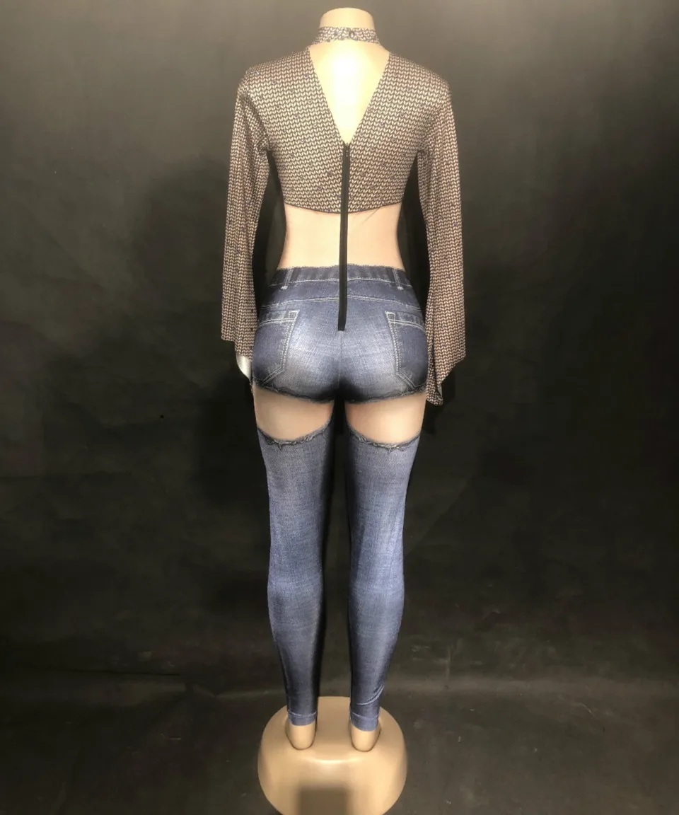 Комбинезон женский джинсовый с 3D-принтом пикантное боди стразы костюм для