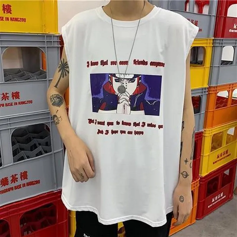 

Japanese Style Vest tank men anime Cartoon printing Sport boys Korean Causal loose trend sports o-neck sleeveless Tops Summer