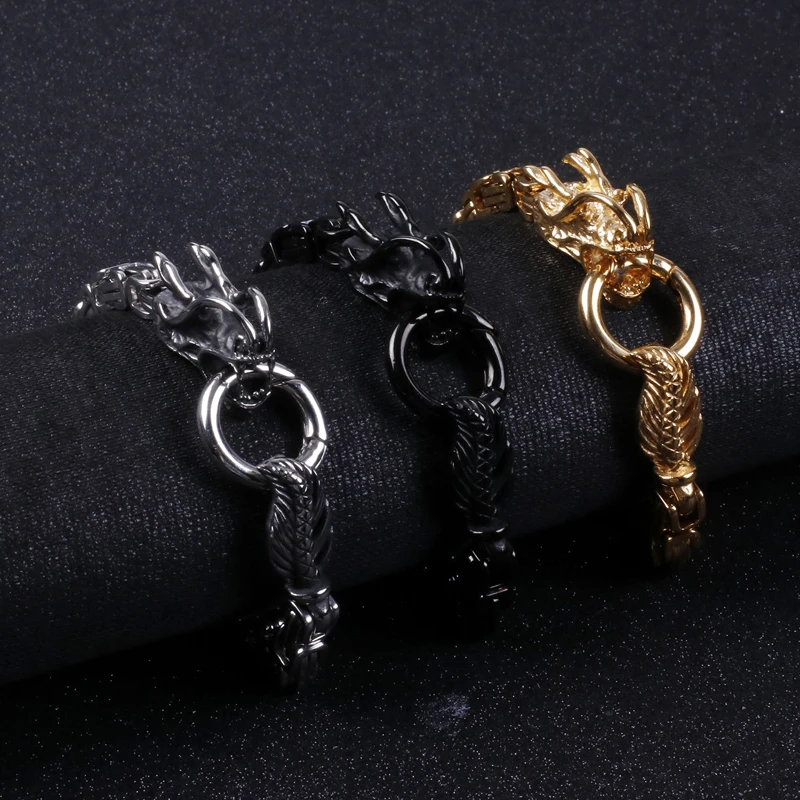 

21.5cm High Quality Stainless Steel Men's Accessories Heavy Metal Men Naga Faucet Black Gold S Animal Bracelet