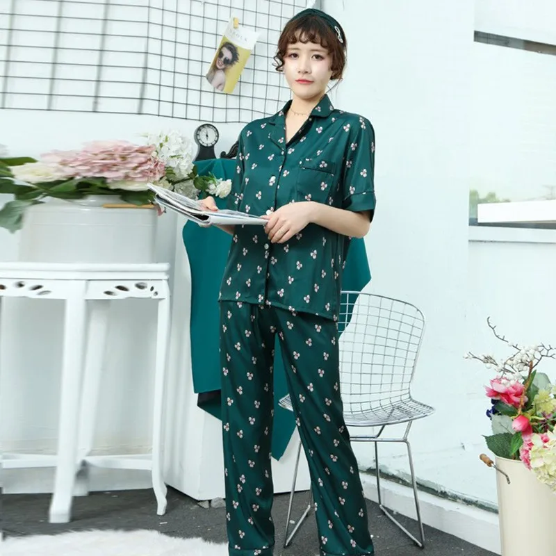 

Young Lady 2PCS Pajamas Set Print Casual Short Sleeve Nightwear Turn-down Collar Shirt&Pant Sleepwear Summer Satin Home Clothes