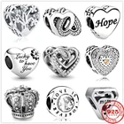 Мерцающие серебряные подвески в виде сердца, семейного дерева, мам, надписи, цветов, подходят для рукоделия, оригинальный Шарм-браслет Pandora, ювелирные изделия