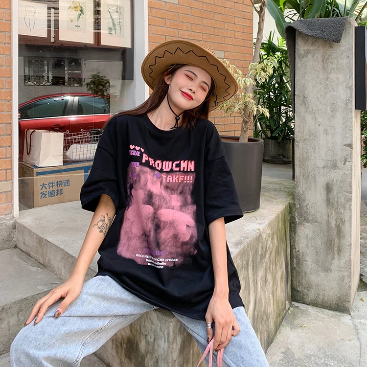 

YTX1860 Summer 2021 new loose mid-length letter printing tie-dye short-sleeved temperament t-shirt women