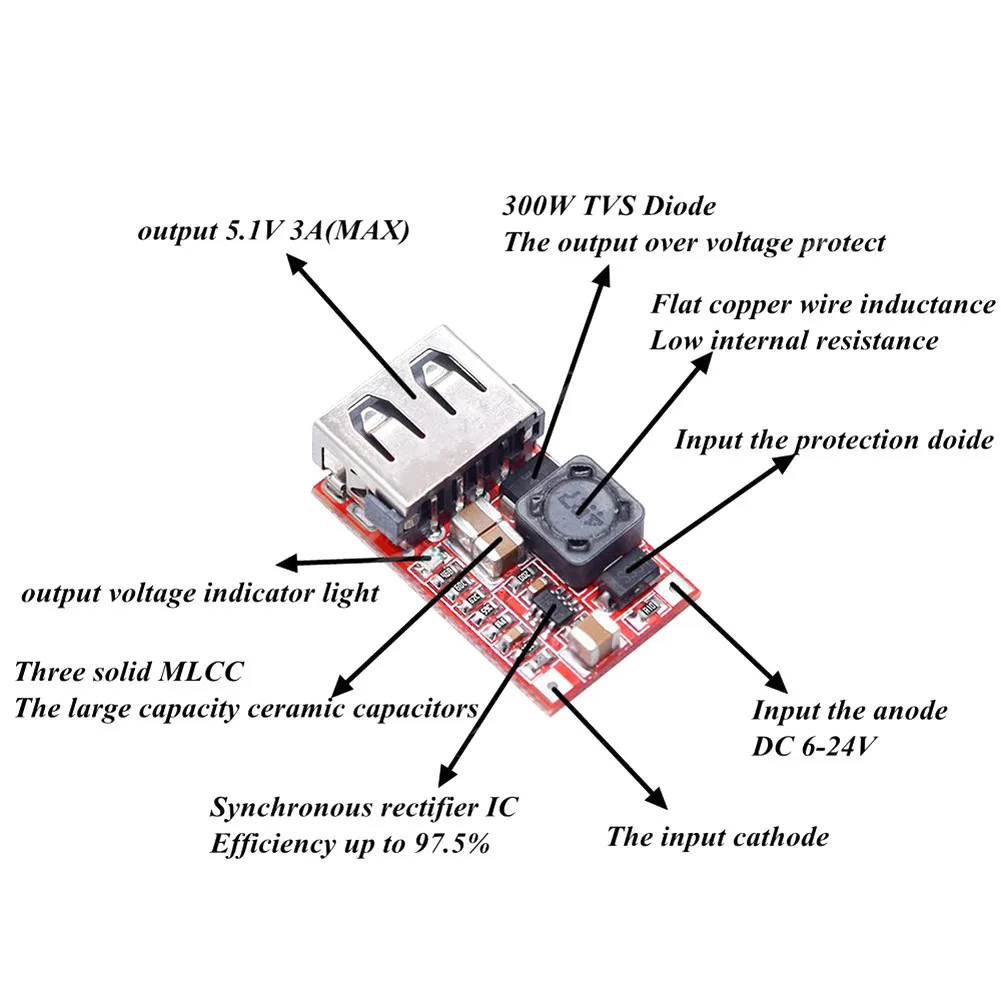 

5V USB Output Charger Converter DC 6V-24V To 5V 3A Mini Step-Down Boost Module USB Identification Circuit