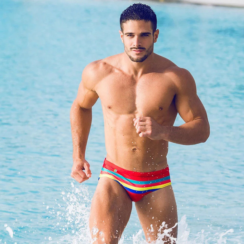 

Sexy Rainbow Stripes Swimsuit Men Swimwear Push Up Pad Mens Swim Briefs Bikini Swimming Trunks For Man Beach Surf Bath Suit Wear