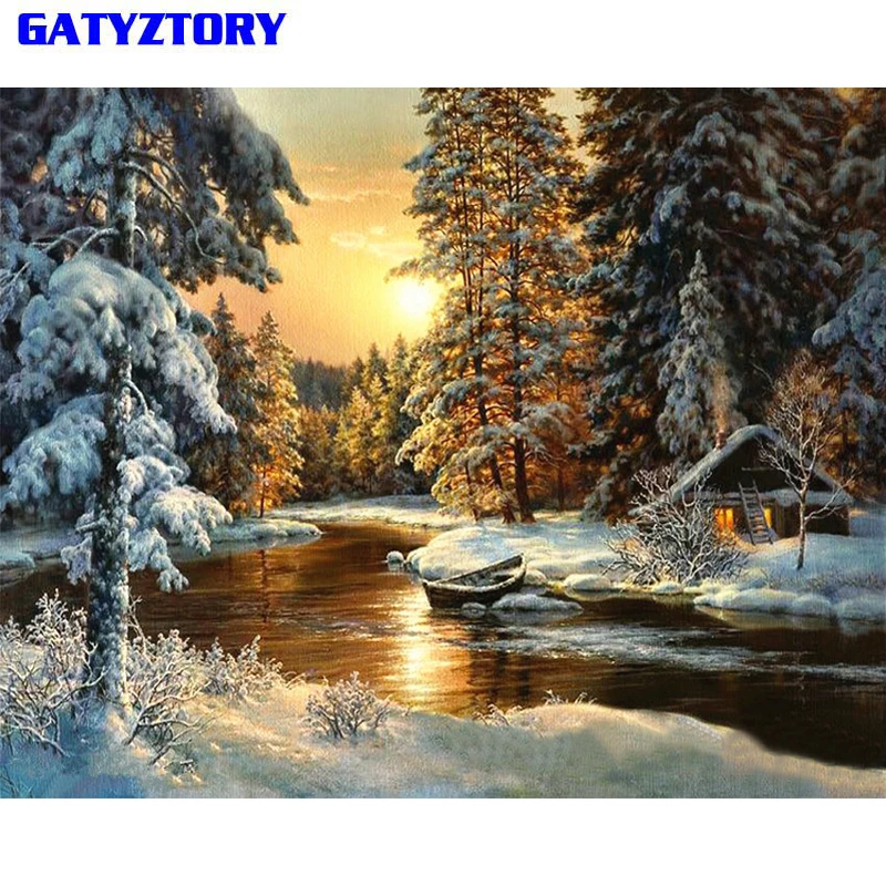 GATYZTORY деревня Снег DIY картина маслом по номерам Холст Картина дома настенные картины Раскраска по номерам для домашнего декора 40x50 см