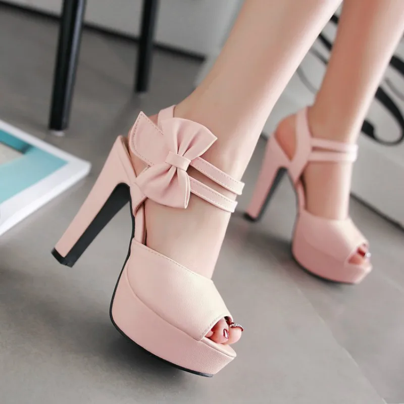 

SWYIVY High Heel Sandals Shoes Woman Summer Pumps Shoes Fish Toe 2020 Ankle Bow Female Fashion Heels Sandals Sweet Pink