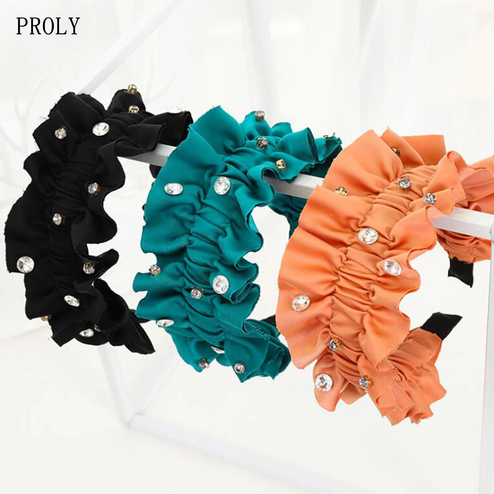 

PROLY New Fashion Women Headband Pleated Rhinestone Hairband Wide Side Casual Turban Solid Color Hair Accessories