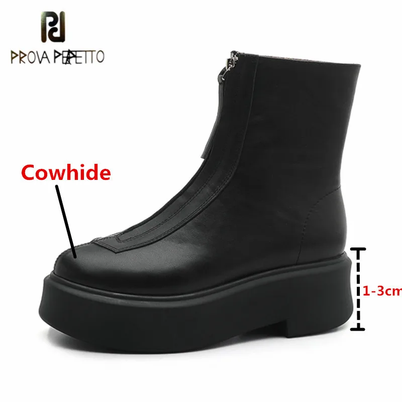 

Prova Perfetto Genuine Leather Solid Color Thick Bottom Women's Motorcycle Boot Round Toe Zipper-Sid Wearproof VulcanizedShoes
