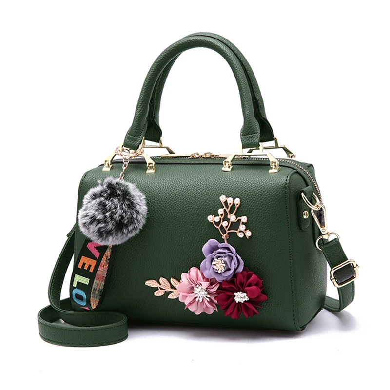 

LKEEP Fashion PU Leather Handbag Flowers Shell Crossbody Shoulder Bag For Women Fur Ball Pendant Designer Women Bag