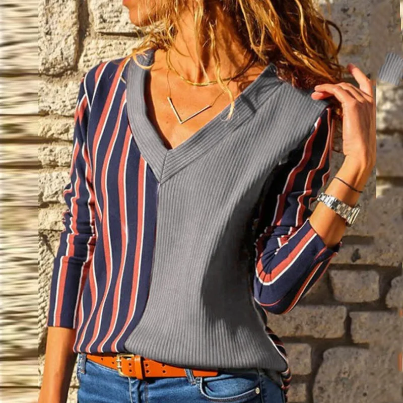 

Autumn Winter Vintage Patchwork Stripe Print Blouse Shirt Women Elegant V-Neck Long Sleeve Pullover Female Casual Loose Tops 3XL