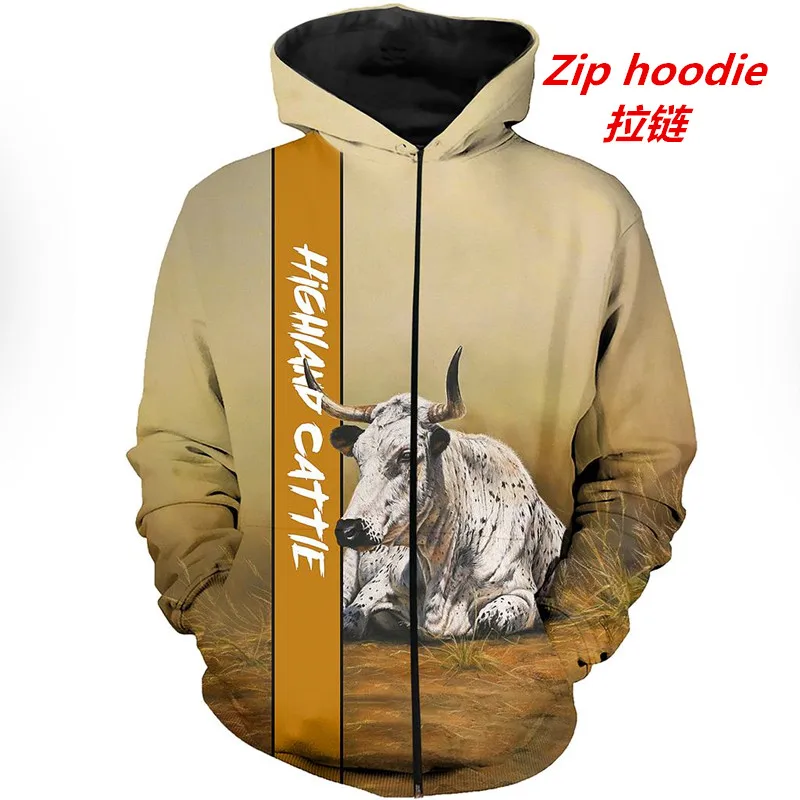 

New Scottish Highland Cow Art 3D Print Hoodie Autumn/Winter Fashion Zipper Hoodie Unisex Casual Street Sweatshirt