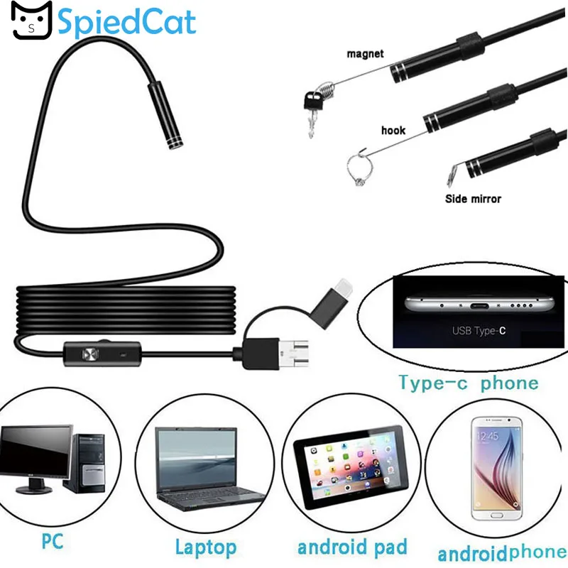 3в1 7 мм объектив Android PC Typec-C/USB эндоскоп камера 6 Светодиодное освещение 1 м 2 3 5 10