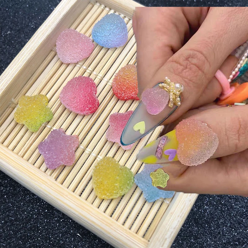 

50pcs/Bag 8mm/10mm Granulated Sugar Star/Heart Rhinestones Gems Nail Sweet Jelly Sugar 15mm Donut Manicure Charms #7Colors