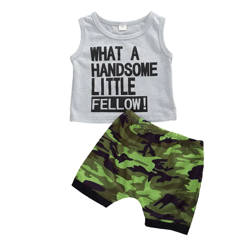 

Летние повседневные комплекты одежды для мальчиков 0-3 лет, майка без рукавов с буквенным принтом, топы + камуфляжные шорты, 2020