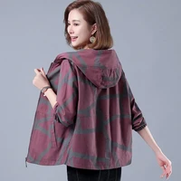 print lining short jacket female middle aged elderly womens spring autumn korean loose jacket hooded mother tops vintage w71