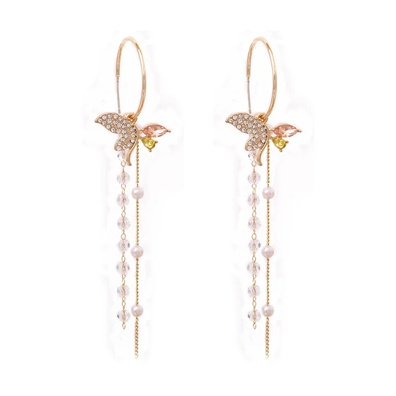 

Rhinestone Butterfly Long Crystal Tassel Pendant Hoop Earrings Metal Chain Simulated Pearl For Women Statement Earrings Jewelry