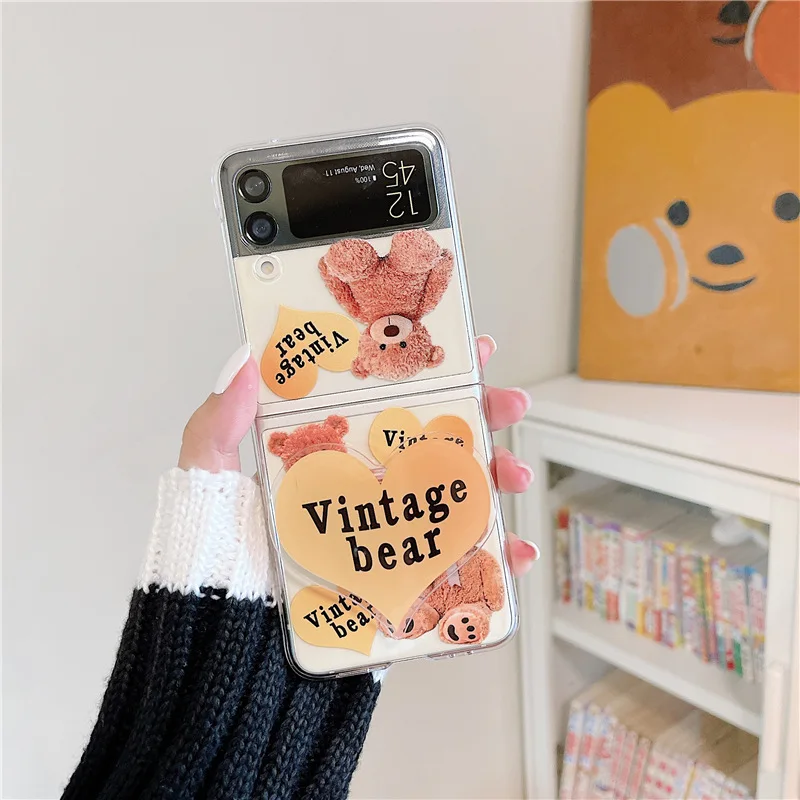 

3D Love Grip tok for Samsung Galaxy Z Flip 3 case doll bear for Samsung Z Flip3 ZFlip3 transparent protective cover with bracket