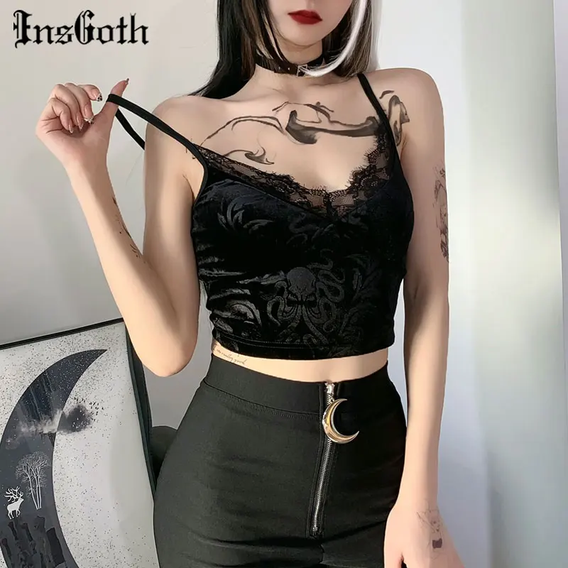 

InsGoth Mall Goth Lace Trim Black Camis Vintage Aesthetic Basic Camisole Women Sexy Spaghetti Straps Backless Corset Top
