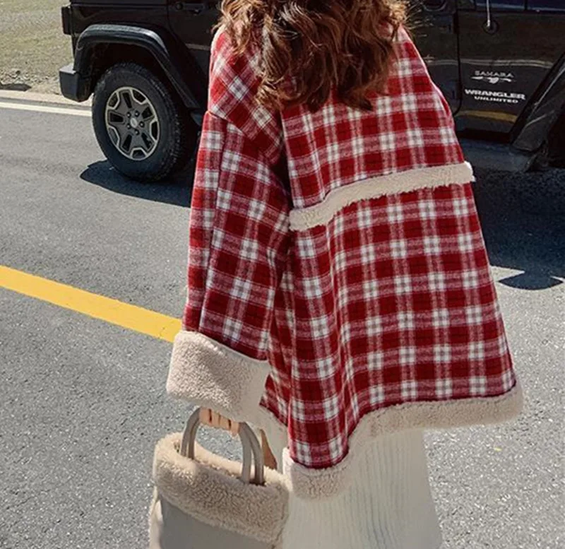 

Elegant England Style Red Winter Warm Thick Faux Lamp Fur Plush Plaid Jacket Overcoat Women Casual Loose Outwear Coat Clothes