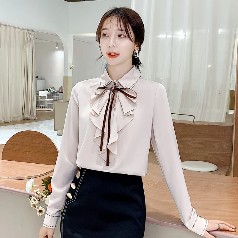 Корейские женские шифоновые блузки рубашки женская блузка с рюшами OL рубашка