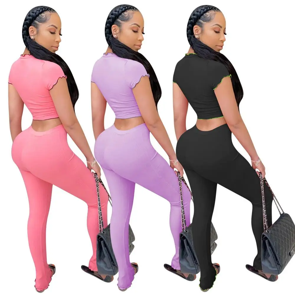 

Women Two Pieces Sets Summer Tracksuits Lace Up Ruffles Tops+Pants Suit Sporty Fitness Street Night Outfits 2 Pcs Street