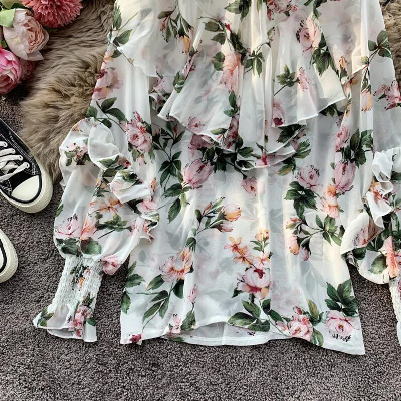 

Stand Collar Chiffon Shirt Women 2020 Autumn Puff Sleeve Floral Print Ruffles Blouse Loose Sweet Holiday Beach Blusas Shirts