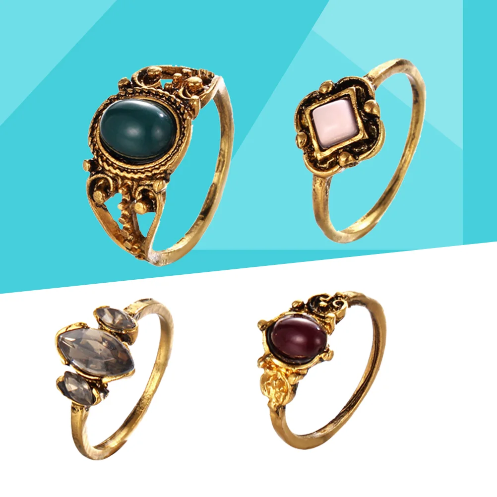 

4pcs Vintage Style Gemstone Ring Charm Knuckle Rings Set Jewelry Accessories for Ladies