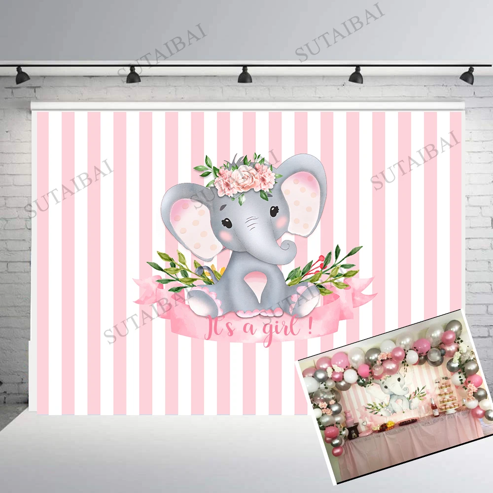 

It's A Boy Girl Cute Elephant Backdrop Baby Shower Pink Blue White Floral Dessert Table Decor Banner Poster Background Photocall
