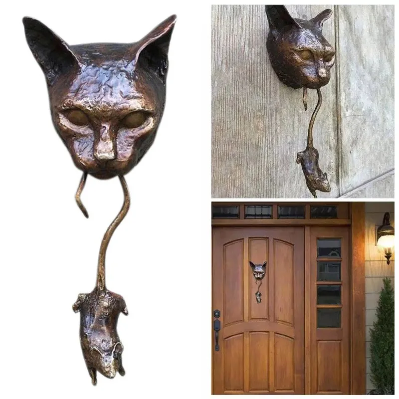 

Cat Door Knocker Cat and Mouse Resin Sculpture Wall Hanging Ornament Rusty Brown Art Craft for Outdoor Garden Decoration
