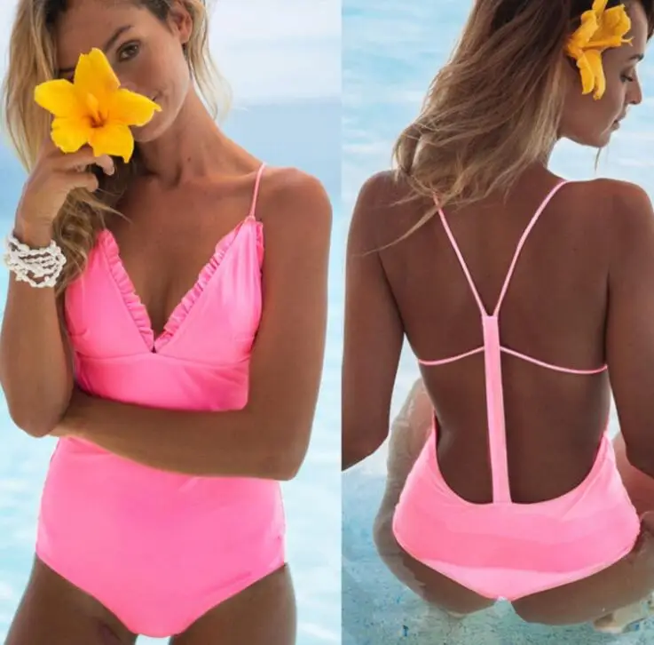 Женский слитный купальник с рюшами розовый желтый красный синий сексуальный