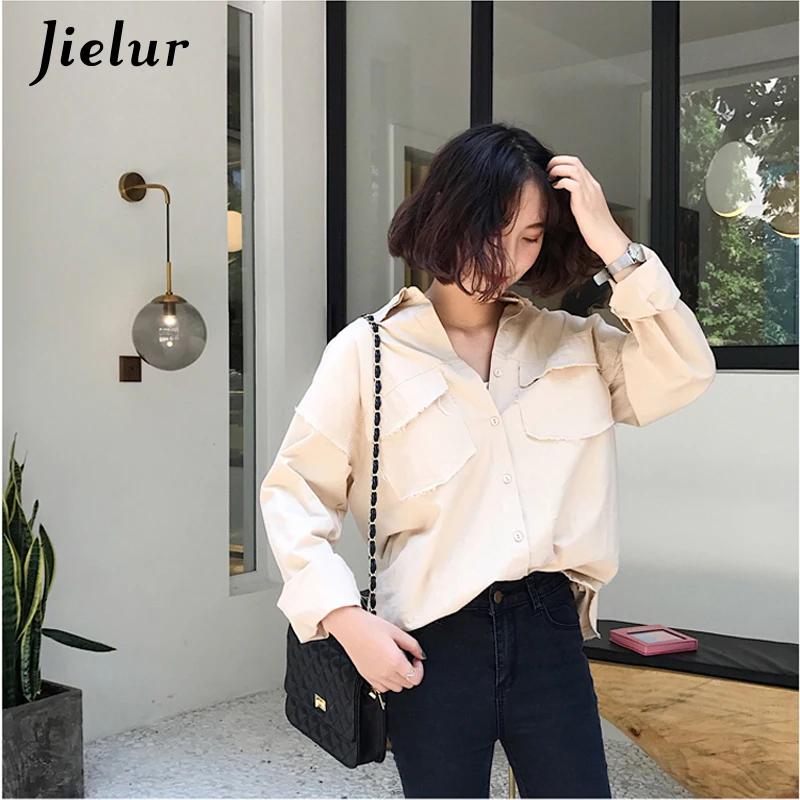 Jielur Женская Осенняя рубашка с длинным рукавом Женские Карманы Сплошной цвет 2020
