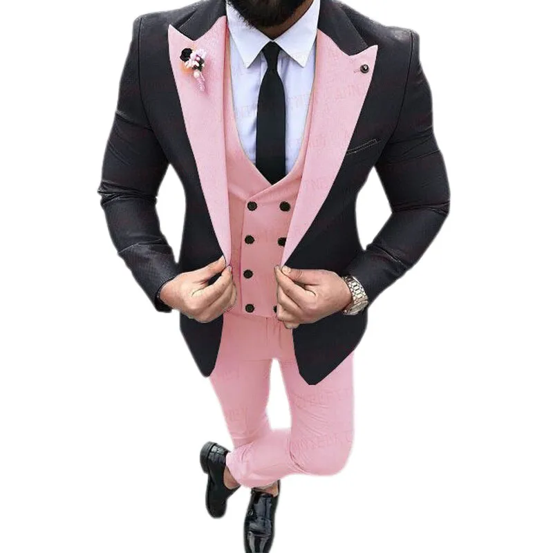 

Slim Fit Pink Suits for Men with Peaked Lapel 3 Piece Black Jacket Pants Double Breasted Vest Formal Wedding Tuxedo Male Fashion