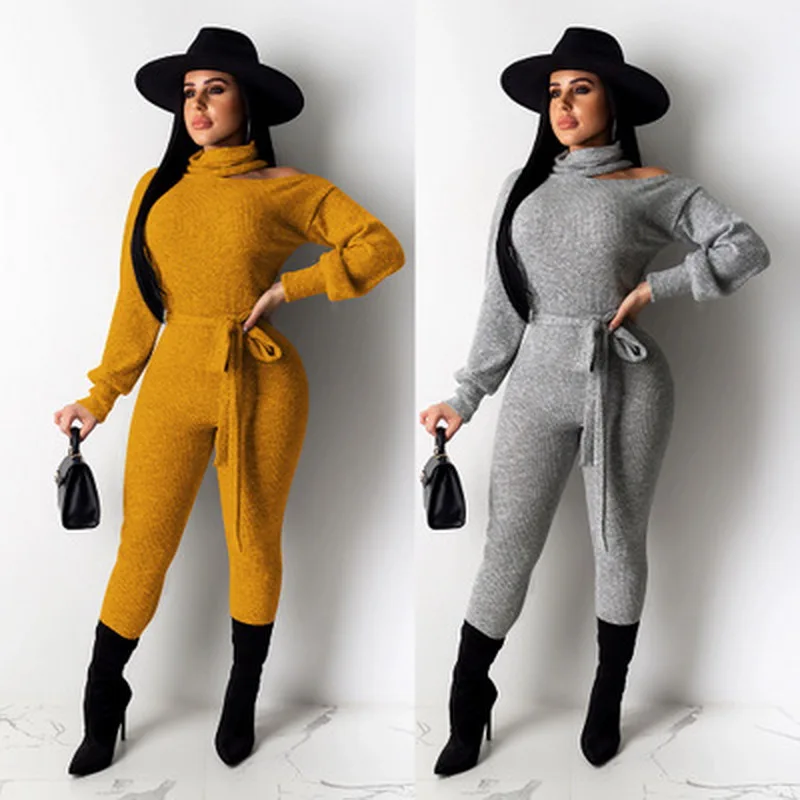 

NEW Women bandage solid color Jumpsuits sexy long sleeve Bodysuit fashion high collar rompers Full Length Overalls clubs wear