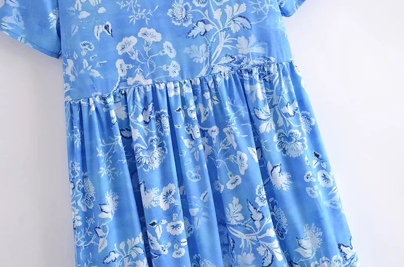 

Splend Moda 2021 Summer New Fashion Vintage Floral Print V-Neck Short-Sleeve A-Line Blue Mid-Length Women Dress Button