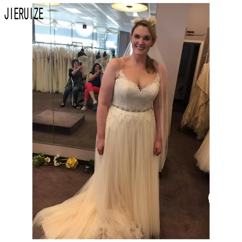 

JIERUIZE Boho Wedding Dresses V Neck Sheer Spaghetti Straps Lace Appliques Illusion Back Beading Bridal Gowns vestido de noiva