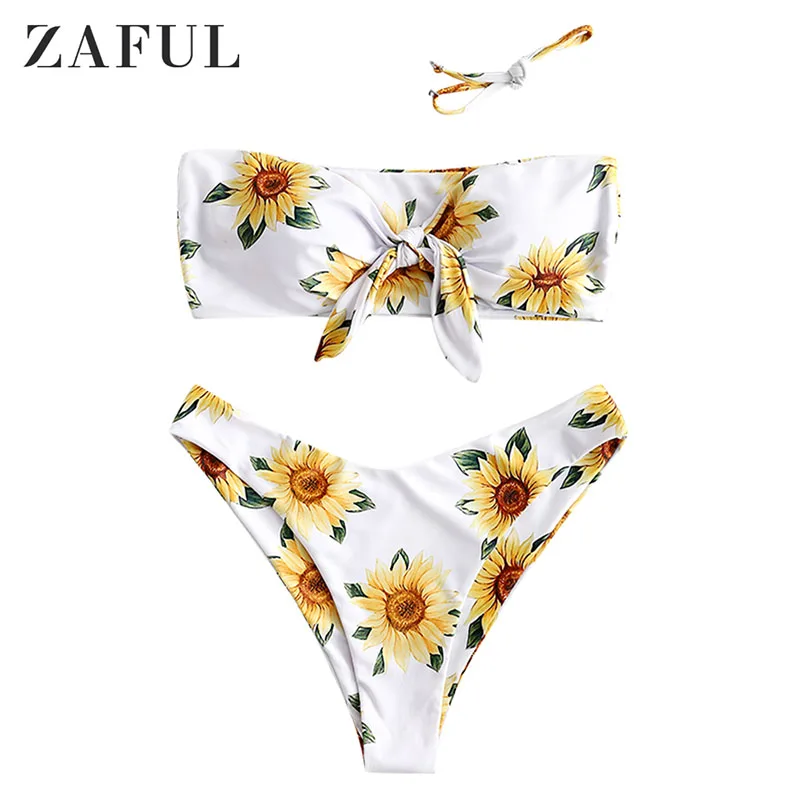 ZAFUL Подсолнечника Печати Узел Бандо Бикини Комплект Провод Без Бретелек Свободный Купальник Цветочный Купальник Женщины Лето Симпатичные Купальники - Цвет: White