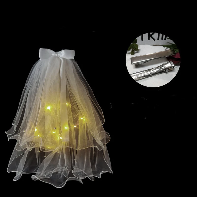 

H:HYDE Girl Headdress Luminous Veil Princess Veil with Lights Led Luminous Ribbon Bow Night Luminous Headband