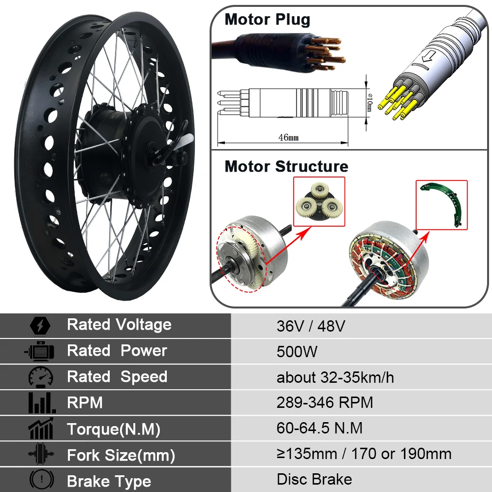Online Schnee Electric Bike Conversion Kit 48V500W 36V500W Bürstenlosen Getriebe Hub Motor Für Fett Reifen Vorne Hinten Rad 20 26 Zoll Wasserdicht