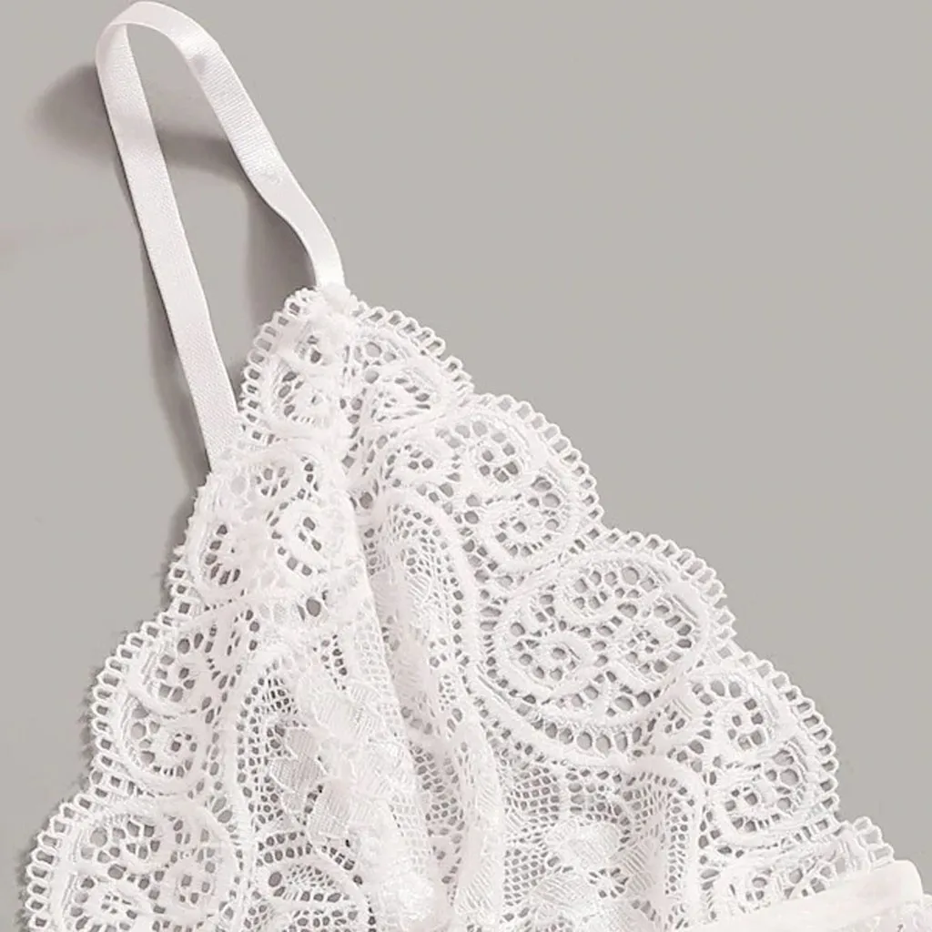 

4PC New Sexy Women Lingerie Hollow Out Lace Tulle Wireless Bra Silk Satin Pajamas V-Neck Sleeveless Bowknot Shorts Set Mujer