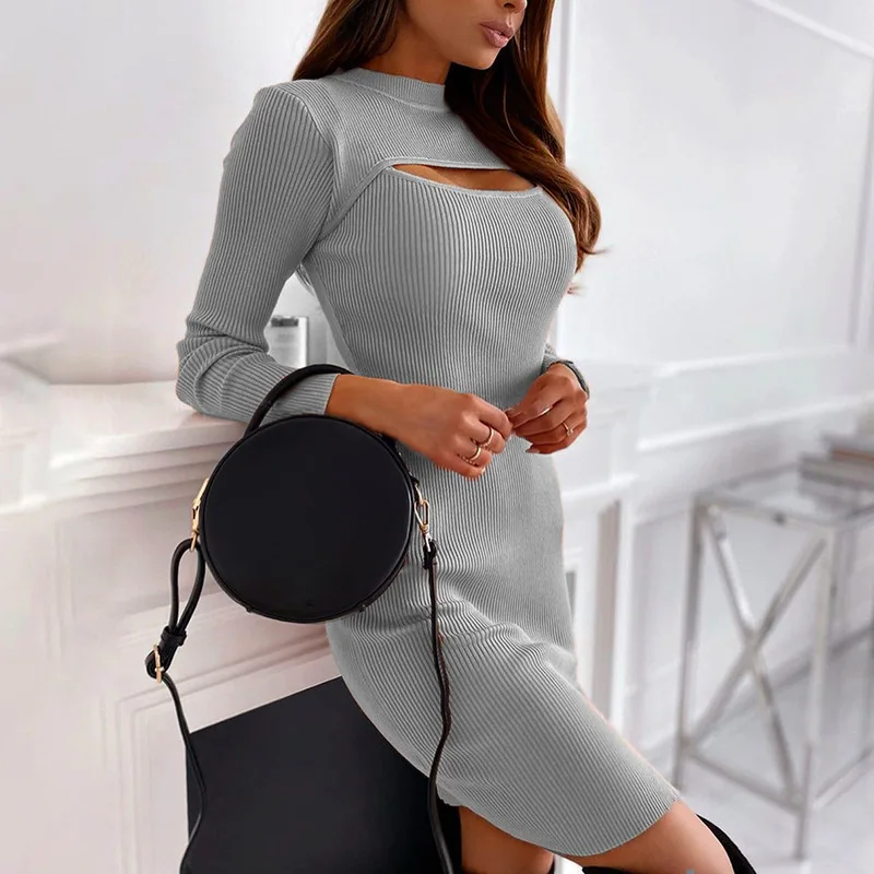 

Fashion Sexy Chest Hollowed Out Long Sleeve Dress New Pure Color Sexy Slim Dress Children's Comfort And Sexy