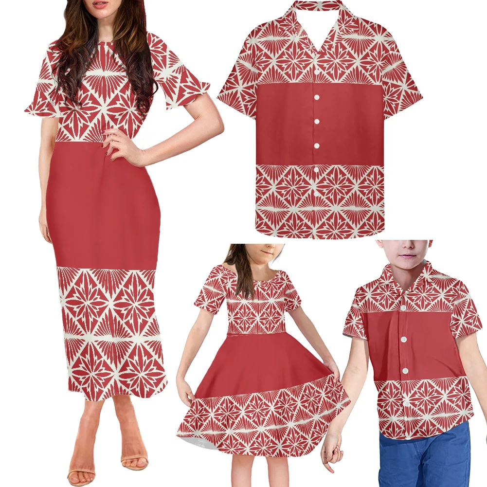 

HYCOOL Latest Christmas Party Red Polynesian Tribal Mother Daughter Dress Set Fashion Hawaiian Shirt Father Son Matching Clothes