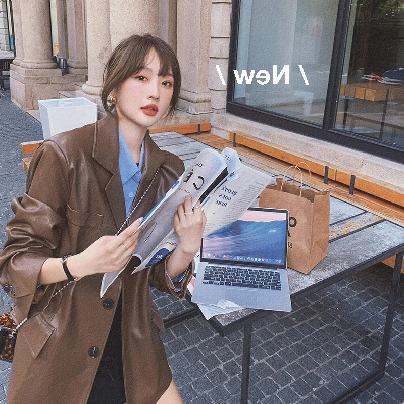 

Весенне-осенний женский модный коричневый пиджак из искусственной кожи, женский свободный мотоциклетный пиджак в стиле ретро