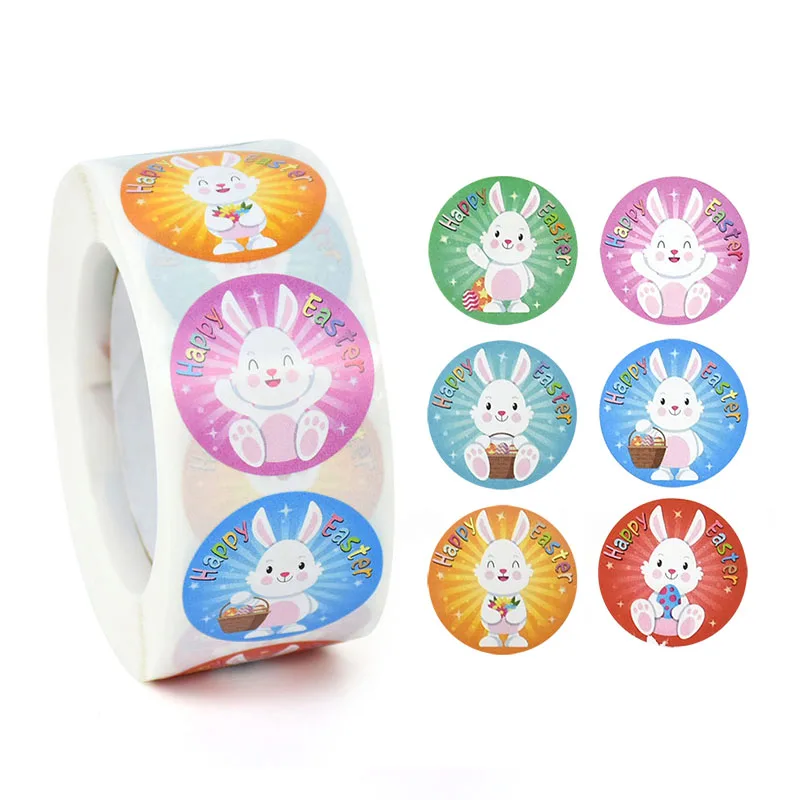 

500Pcs Spring Easter Rabbit Stickers Colorful Bunny Egg Candy Bag Seal Stickers For Happy Easter Party Gift Packing Decor Label