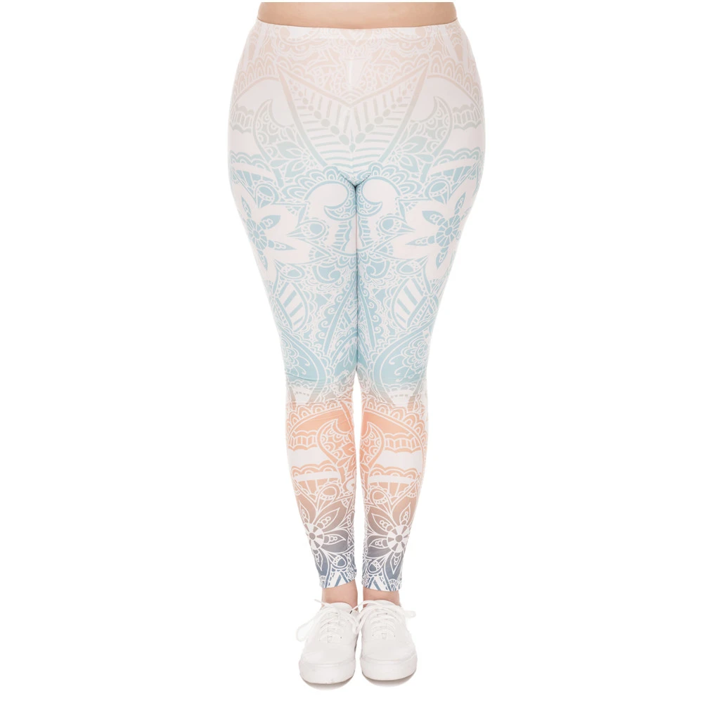 

High Waist Leggins Stretch Pants For Plump Women Large Size Leggings Mandala Mint Printed Plus Size Trousers