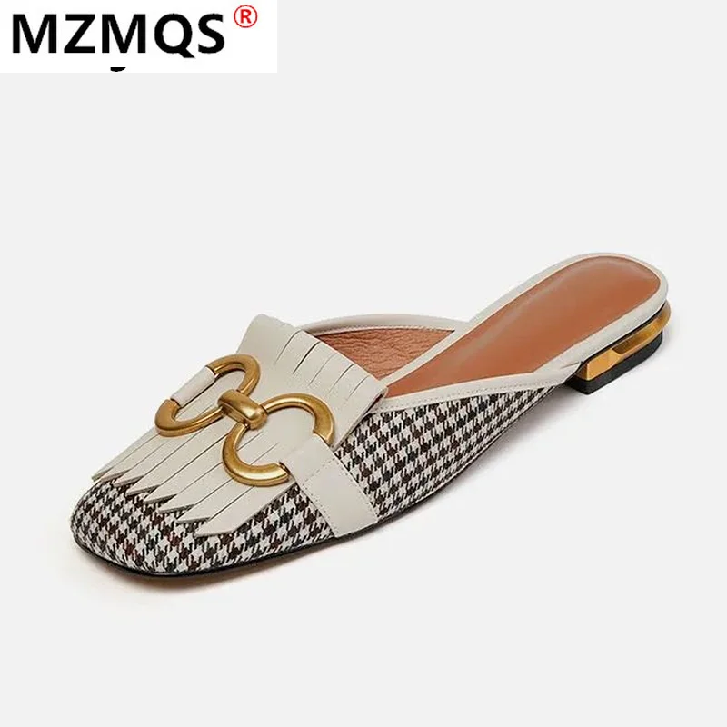 

2021 Spring Women's Houndstooth Slippers Fashion Outdoor Comfortable Sexy Square Head Low-heeled Casual Slippers Shoes for Woman